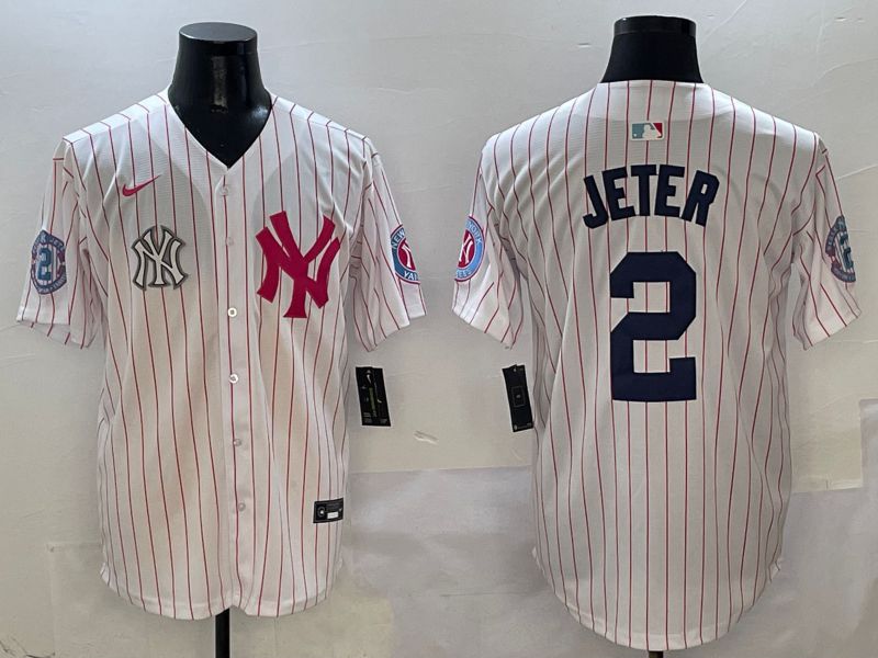 Men New York Yankees #2 Jeter White Stripe Jointly Name Nike 2025 MLB Jersey style 8
